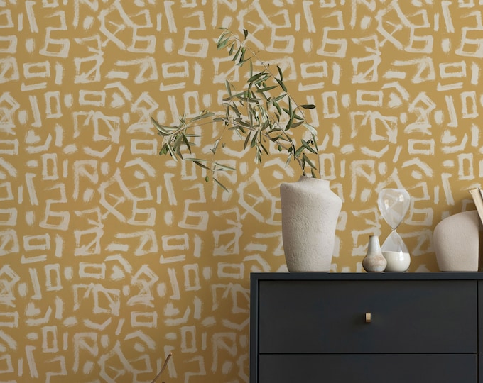 Pictograph Peel and stick Wallpaper, Mustard Wallpaper, Boho Decor, Removable Brushstrokes Wallpaper, Modern Wallpaper Mural